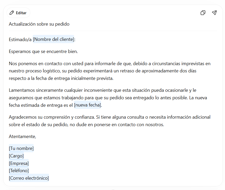 Email creado con ChatGPT para informar cliente de retraso en su pedido online